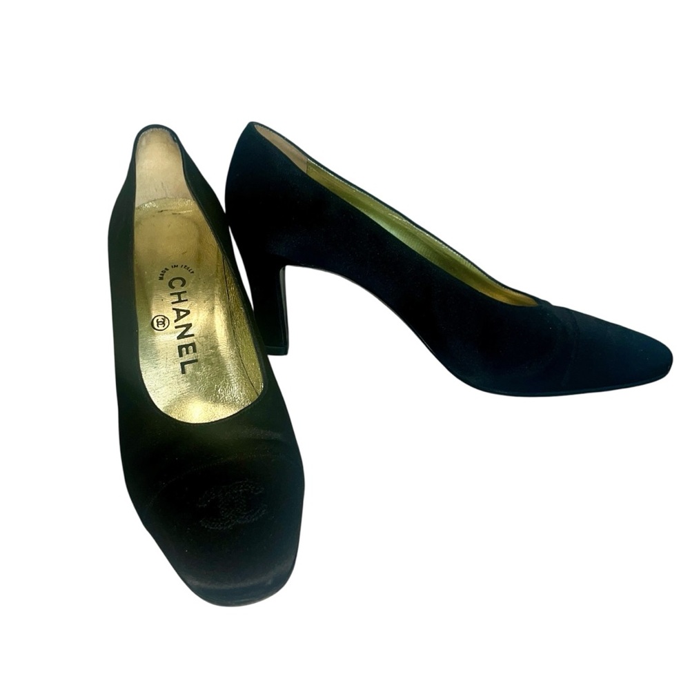 CHANEL Vintage CC Lovo Silk Black Pumps High Heel Shoes - Picture 2 of 15